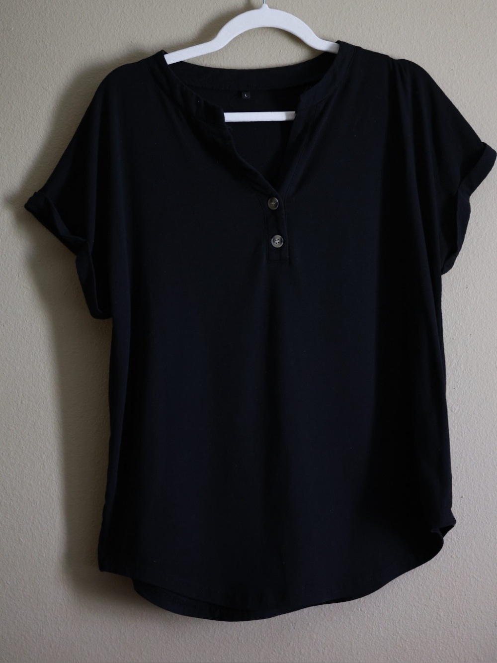 Black Short Sleeve Button Placket High Low Blouse Large